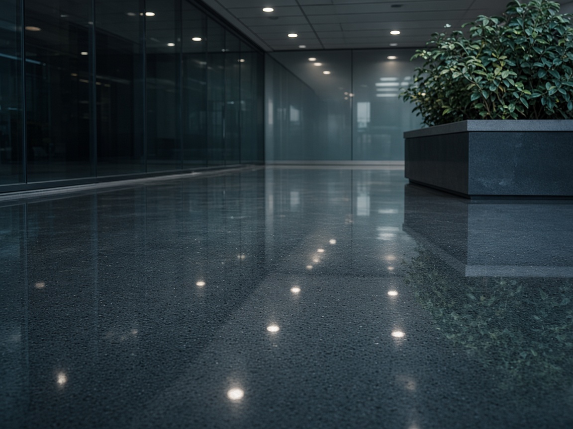 Buffed commercial lobby floor reflecting ceiling lights