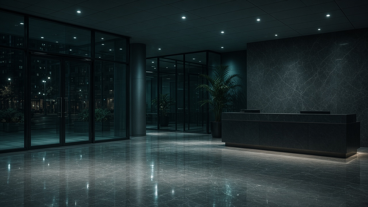 Empty Houston office lobby after the night crew finished the floor