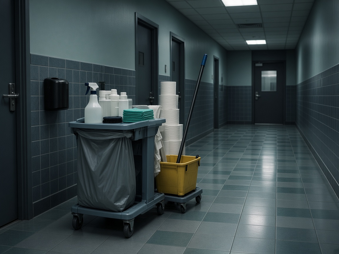 Janitorial cart staged in a commercial hallway after hours